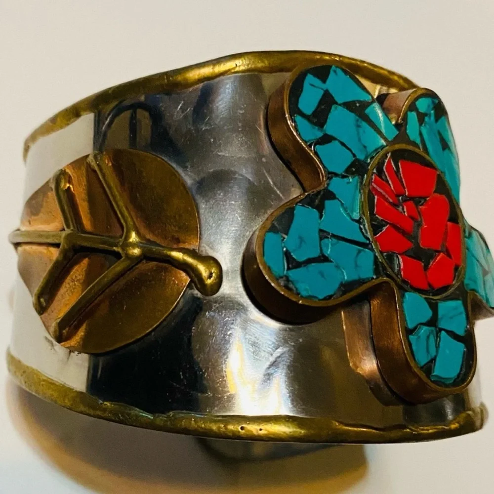 Turquoise and Red Floral Cuff Bracelet